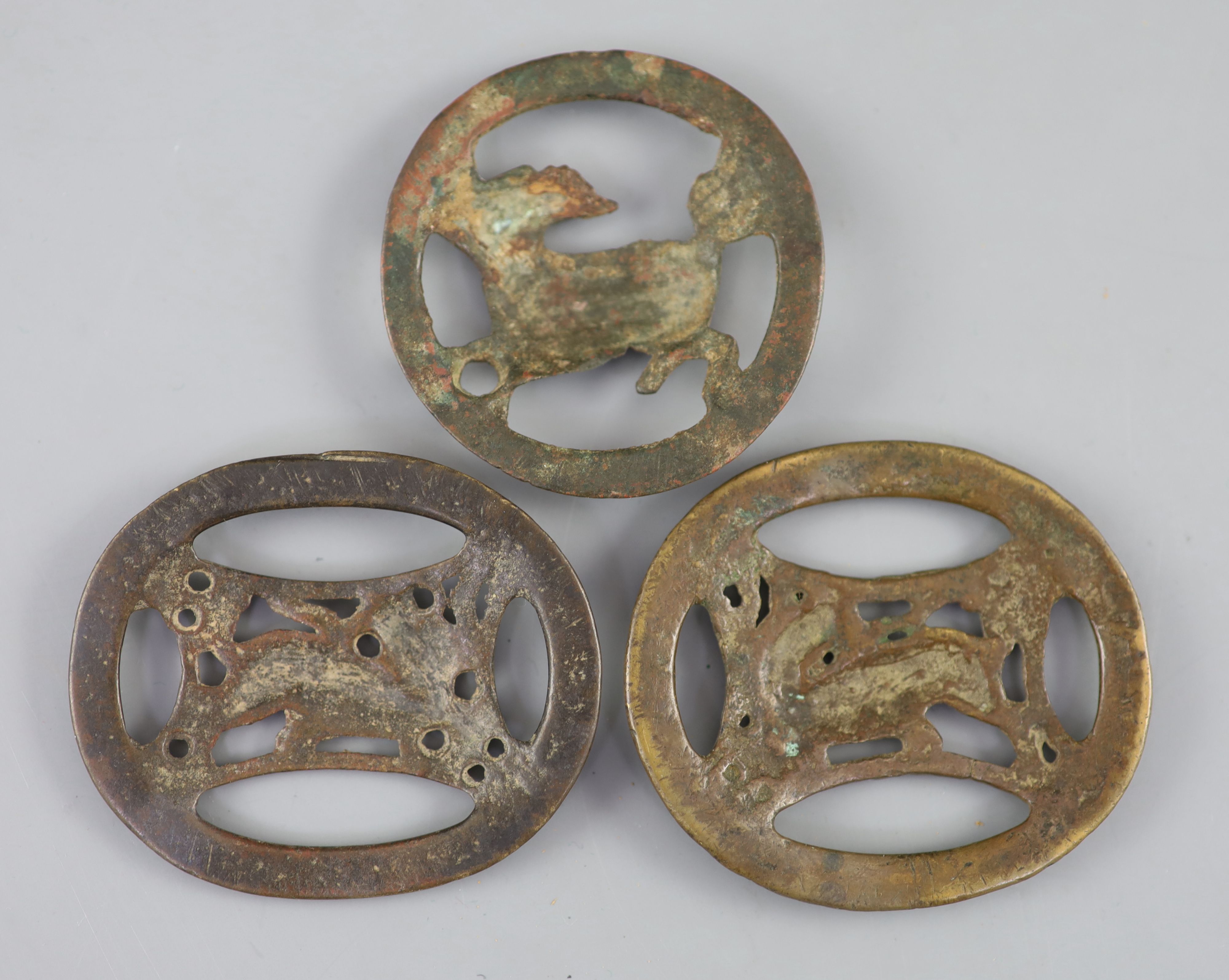 China, 3 large bronze openwork amulets, probably Song-Ming dynasty,